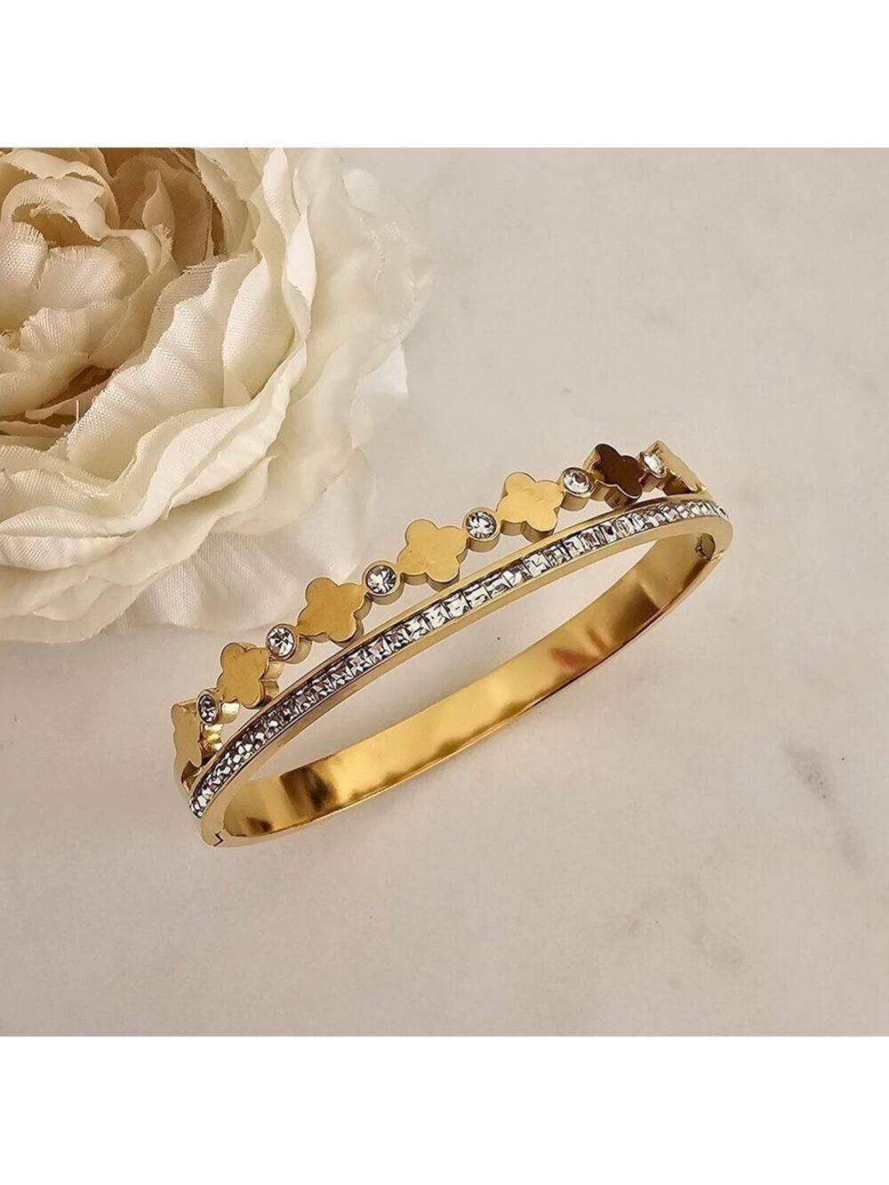 Gold Plated Floral Bangle for Women Elegant Zircon Bracelet with Clover Design